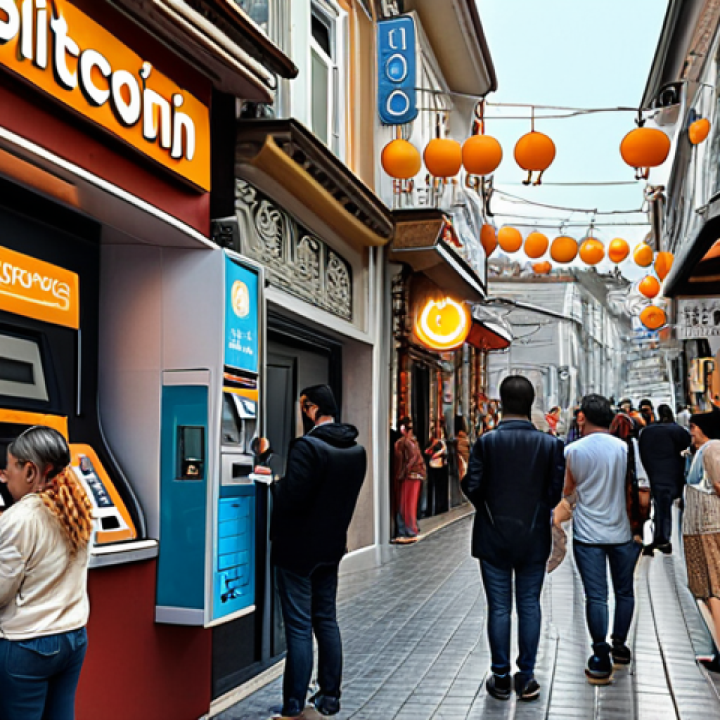 **A bustling Istanbul street scene featuring a Bitcoin ATM, people using smartphones, and cafes displaying cryptocurrency payment options.** (Focus: Cryptocurrency adoption in daily life)