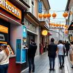 **A bustling Istanbul street scene featuring a Bitcoin ATM, people using smartphones, and cafes displaying cryptocurrency payment options.** (Focus: Cryptocurrency adoption in daily life)