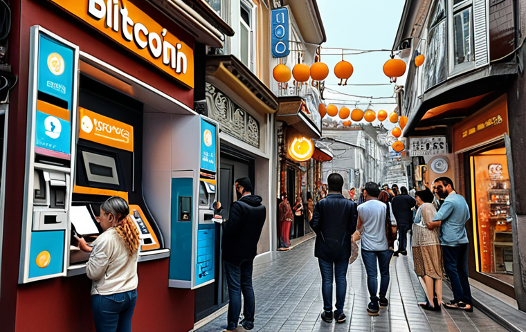 **A bustling Istanbul street scene featuring a Bitcoin ATM, people using smartphones, and cafes displaying cryptocurrency payment options.** (Focus: Cryptocurrency adoption in daily life)