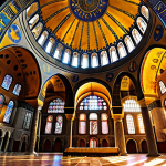 **Image:** Hagia Sophia interior, Istanbul. Focus on the massive dome, sunlight streaming through stained glass, creating a mystical atmosphere. Capture the grandeur and blend of Byzantine and Ottoman influences.