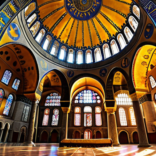 **Image:** Hagia Sophia interior, Istanbul. Focus on the massive dome, sunlight streaming through stained glass, creating a mystical atmosphere. Capture the grandeur and blend of Byzantine and Ottoman influences.