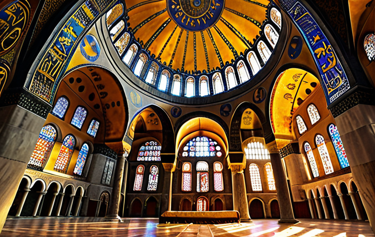 **Image:** Hagia Sophia interior, Istanbul. Focus on the massive dome, sunlight streaming through stained glass, creating a mystical atmosphere. Capture the grandeur and blend of Byzantine and Ottoman influences.
