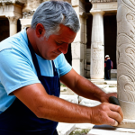 A dedicated heritage restoration artisan, fully clothed in modest professional work attire, meticulously working on an ancient stone carving at the historic Ephesus archaeological site. The artisan, with well-formed hands and proper finger count, demonstrates focused precision, using traditional tools to delicately restore the aged artifact. Ancient Roman columns and weathered stone ruins are visible in the background under soft, natural daylight. The image should convey a sense of reverence for history and skilled craftsmanship. Perfect anatomy, correct proportions, natural pose, natural body proportions, professional photography, high quality, safe for work, appropriate content, family-friendly.