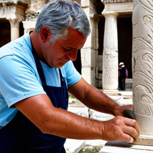 A dedicated heritage restoration artisan, fully clothed in modest professional work attire, meticulously working on an ancient stone carving at the historic Ephesus archaeological site. The artisan, with well-formed hands and proper finger count, demonstrates focused precision, using traditional tools to delicately restore the aged artifact. Ancient Roman columns and weathered stone ruins are visible in the background under soft, natural daylight. The image should convey a sense of reverence for history and skilled craftsmanship. Perfect anatomy, correct proportions, natural pose, natural body proportions, professional photography, high quality, safe for work, appropriate content, family-friendly.