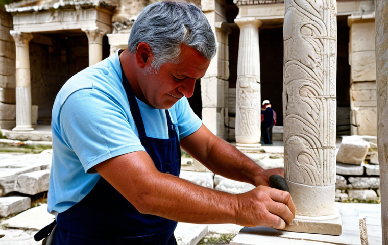 A dedicated heritage restoration artisan, fully clothed in modest professional work attire, meticulously working on an ancient stone carving at the historic Ephesus archaeological site. The artisan, with well-formed hands and proper finger count, demonstrates focused precision, using traditional tools to delicately restore the aged artifact. Ancient Roman columns and weathered stone ruins are visible in the background under soft, natural daylight. The image should convey a sense of reverence for history and skilled craftsmanship. Perfect anatomy, correct proportions, natural pose, natural body proportions, professional photography, high quality, safe for work, appropriate content, family-friendly.