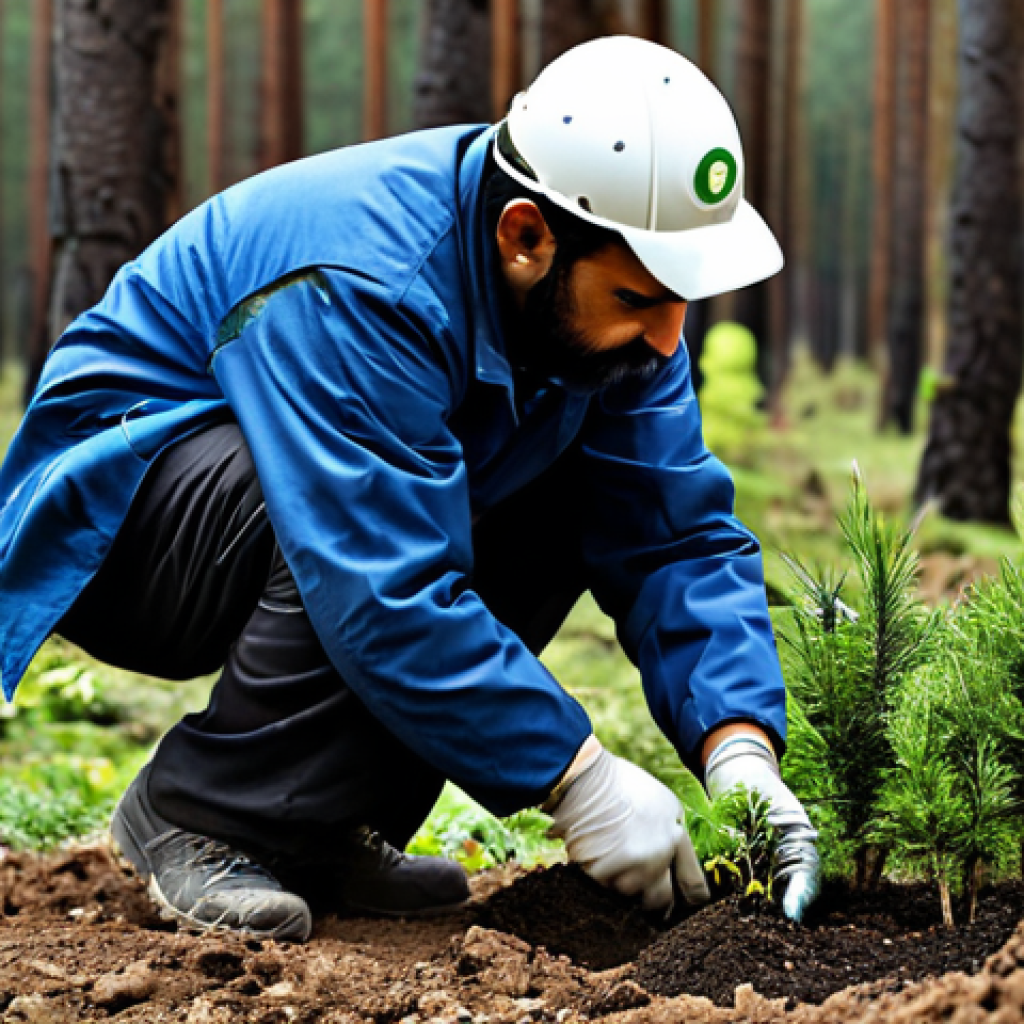 튀르키예의 자연 보호 단체 - "A Turkish conservationist planting a tree seedling in a deforested area, fully clothed in work atti...