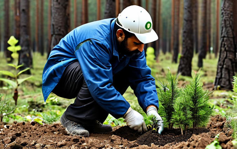 튀르키예의 자연 보호 단체 - "A Turkish conservationist planting a tree seedling in a deforested area, fully clothed in work atti...