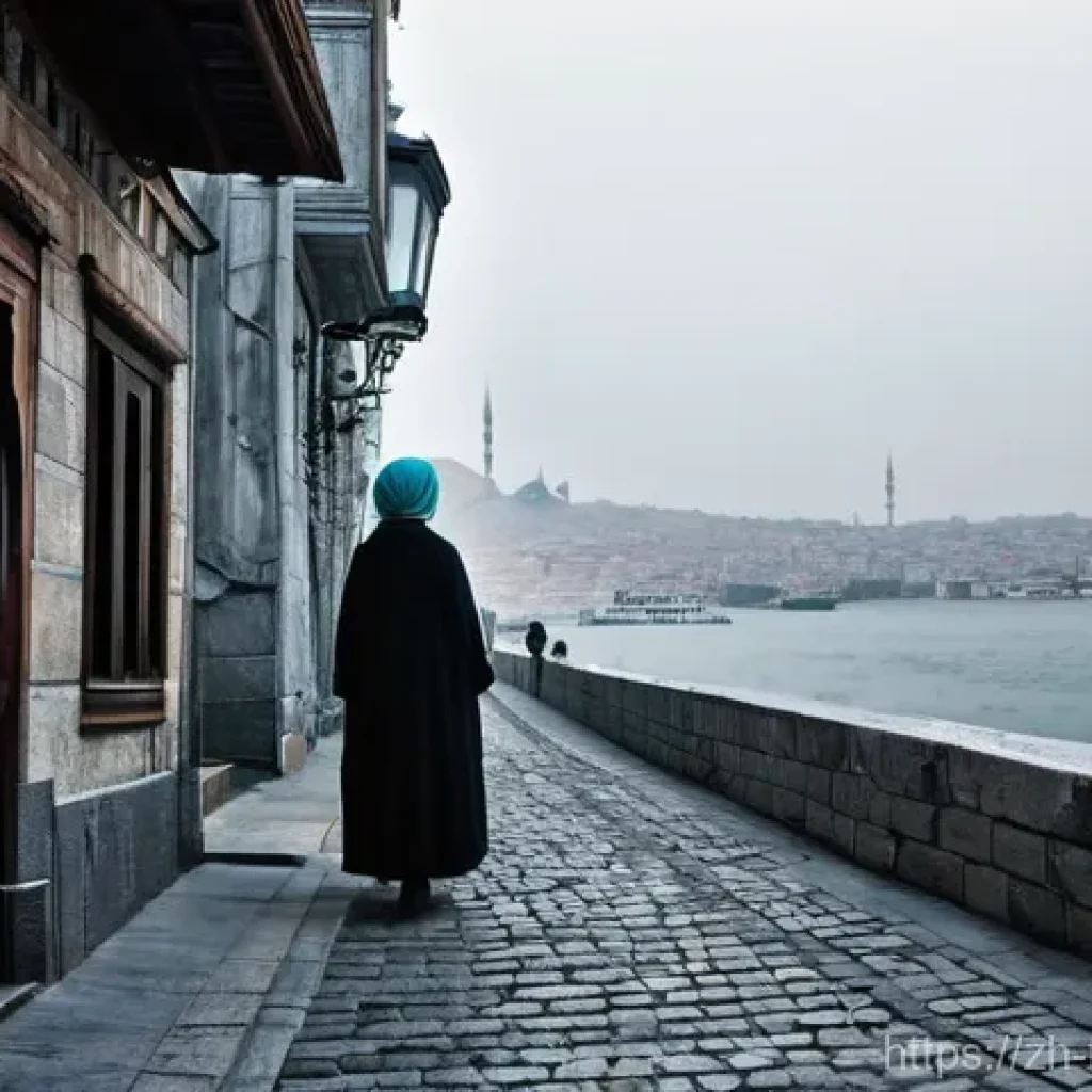 튀르키예 유명 작가와 문학 작품 - **Prompt 1: The Soul of Old Istanbul and "Hüzün"**
A wide-angle, atmospheric shot of an old cobb...