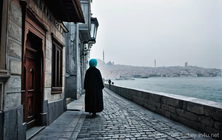 튀르키예 유명 작가와 문학 작품 - **Prompt 1: The Soul of Old Istanbul and "H&uuml;z&uuml;n"**
    A wide-angle, atmospheric shot of an old cobb...