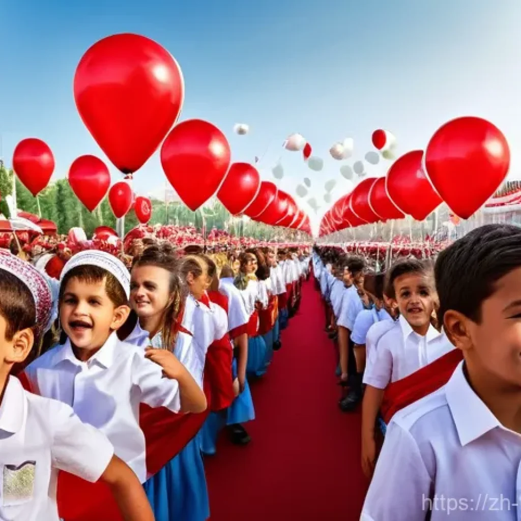 튀르키예 주요 기념일과 축제 - **Prompt:** A vibrant outdoor celebration scene in a bustling Turkish city square during National So...
