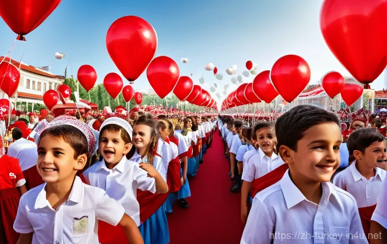 튀르키예 주요 기념일과 축제 - **Prompt:** A vibrant outdoor celebration scene in a bustling Turkish city square during National So...