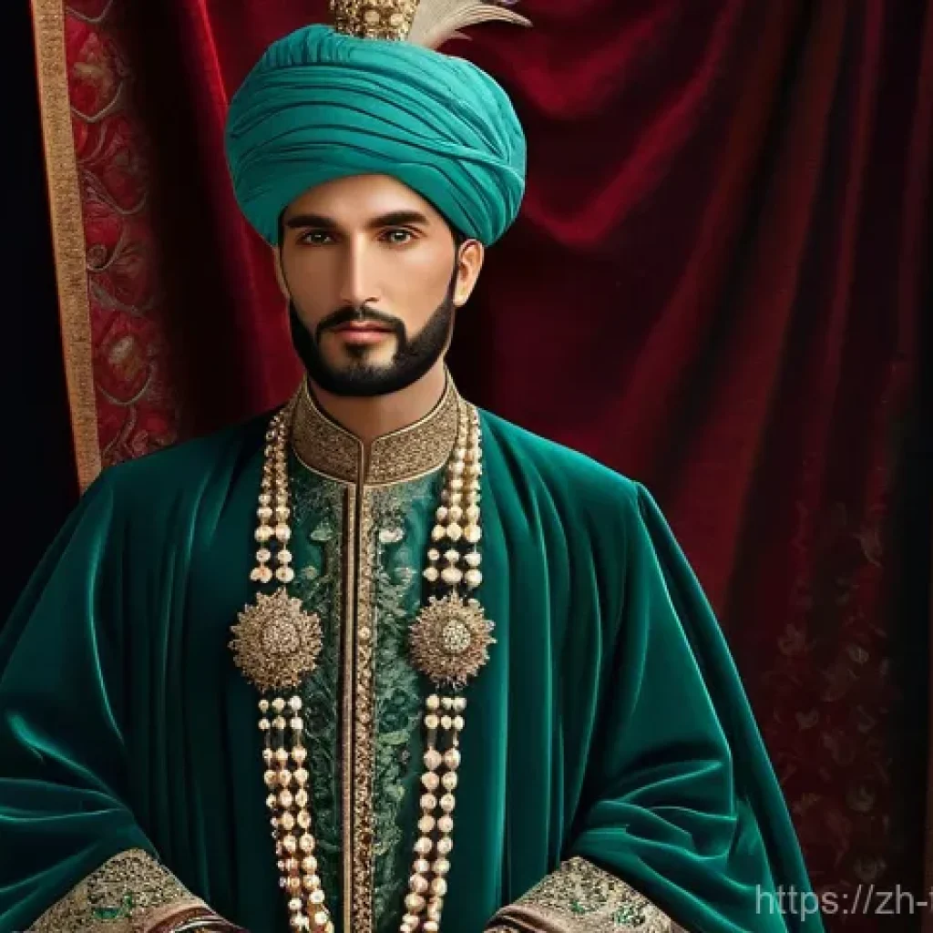 튀르키예 전통 의상 및 현대 패션 - **Ottoman Court Splendor:**
"A majestic, full-body portrait of a young man, fully clothed in lav...