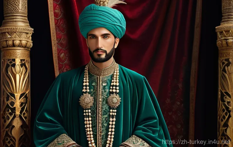 튀르키예 전통 의상 및 현대 패션 - **Ottoman Court Splendor:**
    "A majestic, full-body portrait of a young man, fully clothed in lav...