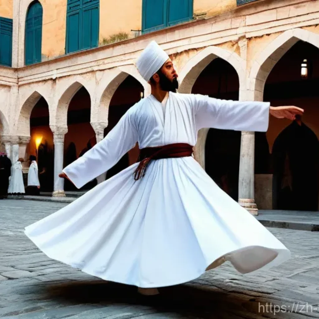 튀르키예 독특한 거리 공연 - **A Whirling Dervish in a Mystical Evening Ceremony**
"A male Whirling Dervish performs the Sema...