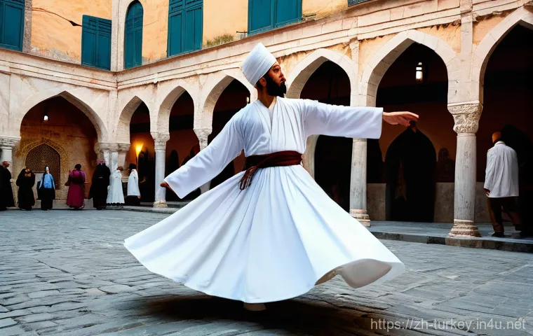 튀르키예 독특한 거리 공연 - **A Whirling Dervish in a Mystical Evening Ceremony**
    "A male Whirling Dervish performs the Sema...