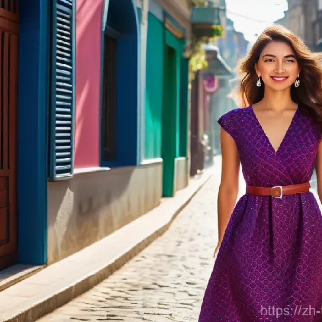 튀르키예에서의 패션 트렌드 - A stylish young woman, approximately 25-30 years old, walking confidently on a vibrant, sun-drenched...