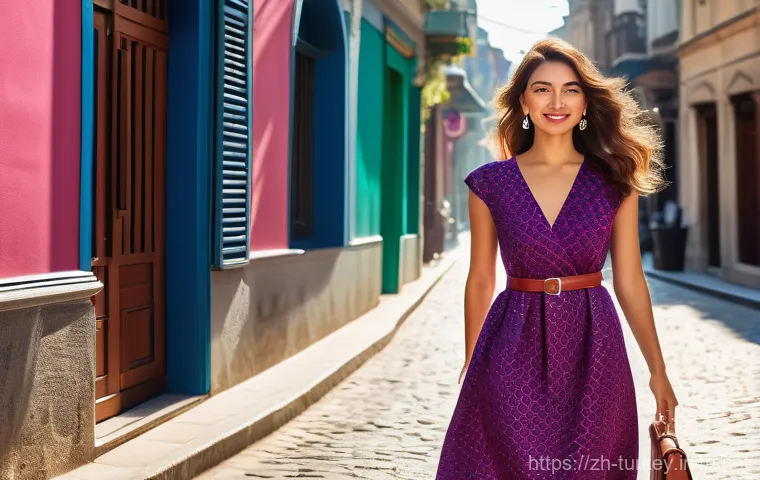 튀르키예에서의 패션 트렌드 - A stylish young woman, approximately 25-30 years old, walking confidently on a vibrant, sun-drenched...