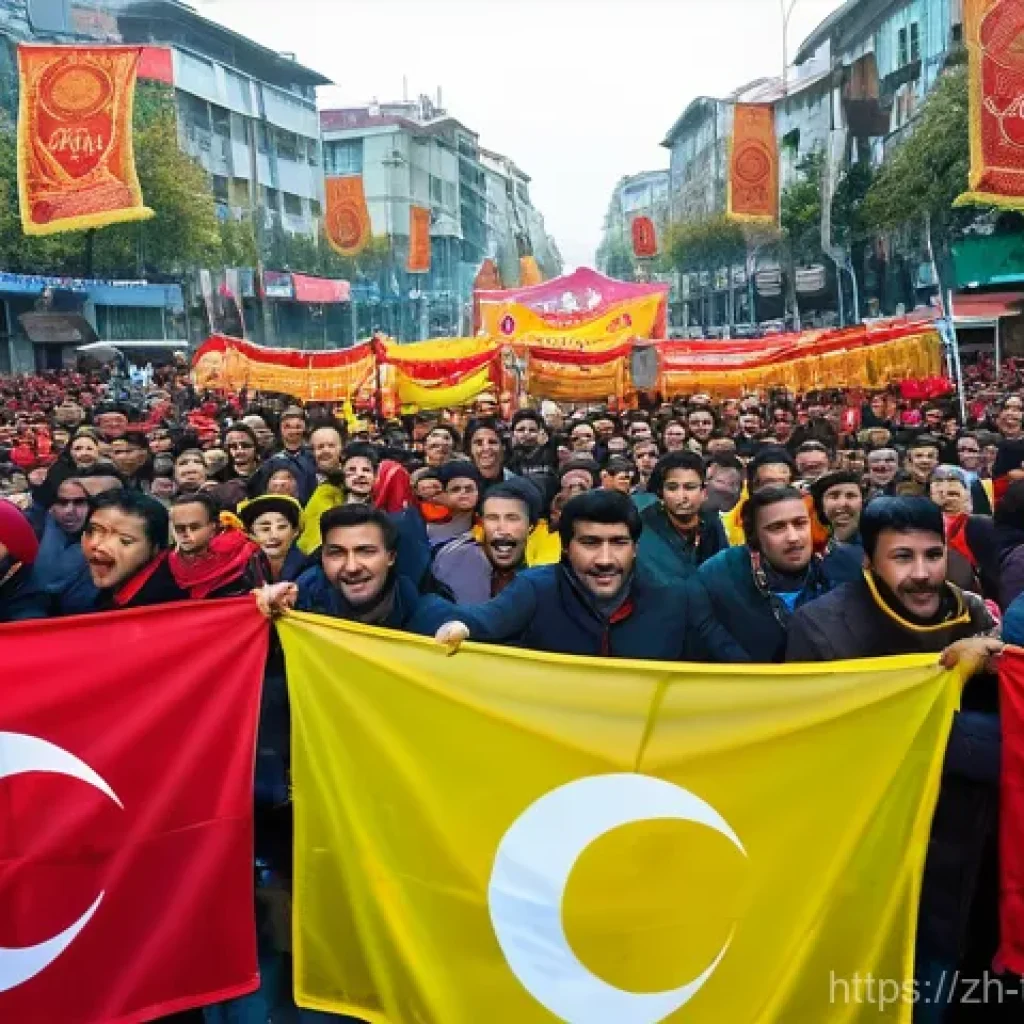 튀르키예 독특한 축구 문화 - **Prompt:** A vibrant, bustling street scene in Istanbul on a match day, filled with thousands of ec...
