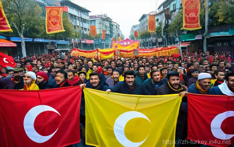 튀르키예 독특한 축구 문화 - **Prompt:** A vibrant, bustling street scene in Istanbul on a match day, filled with thousands of ec...