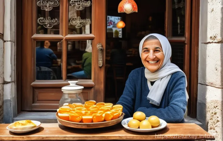 튀르키예 언어 기초 회화 표현 - **Prompt:** A serene and authentic scene inside a cozy Turkish breakfast shop. A solo female Chinese...