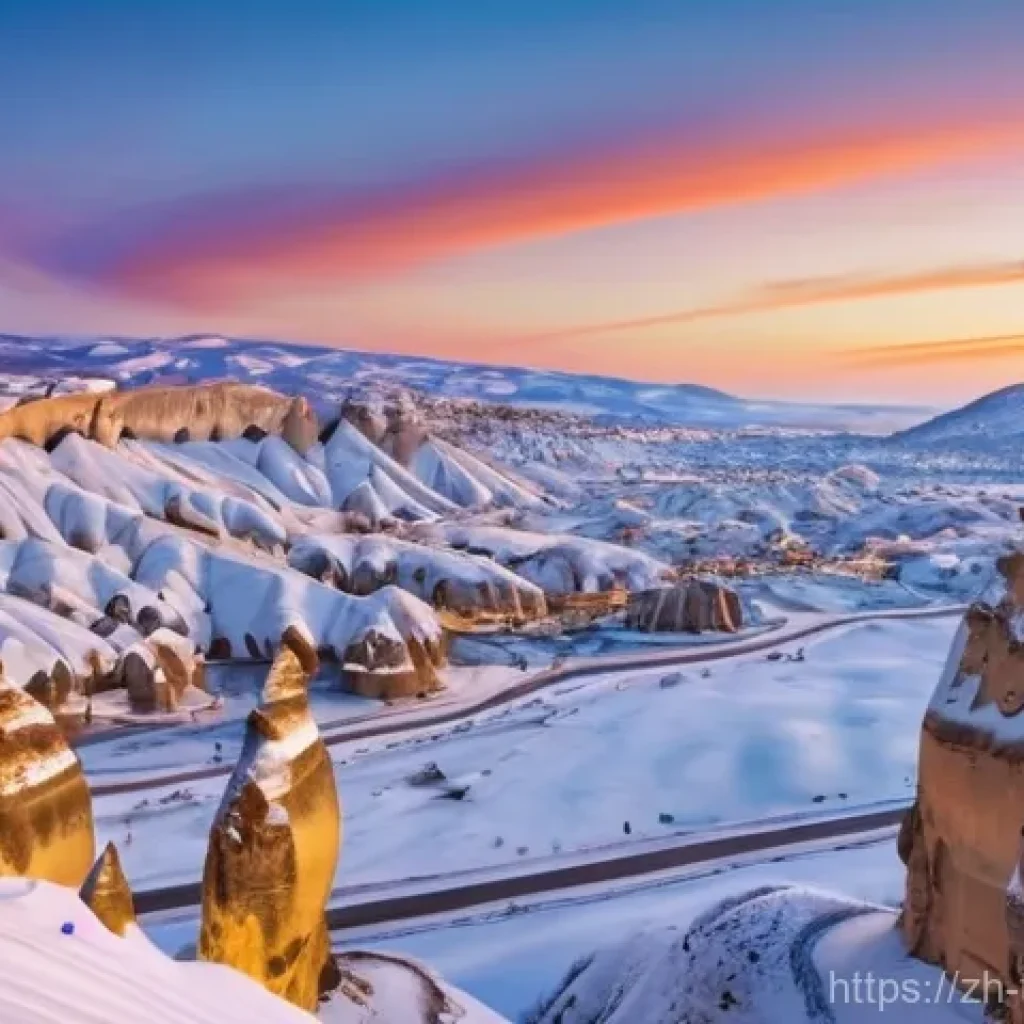 튀르키예의 겨울 축제와 이벤트 - **Prompt 1: Magical Dawn in Snowy Cappadocia**
"A majestic wide-angle shot of Cappadocia at dawn...