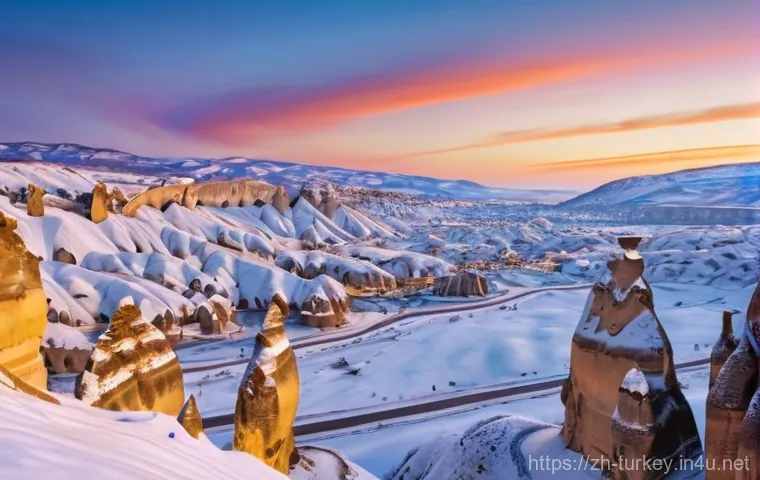 튀르키예의 겨울 축제와 이벤트 - **Prompt 1: Magical Dawn in Snowy Cappadocia**
    "A majestic wide-angle shot of Cappadocia at dawn...