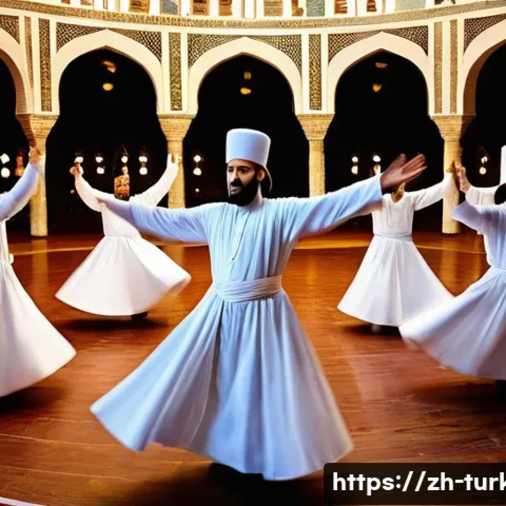 튀르키예 독특한 축제와 문화 - **A serene and spiritual Sema ceremony taking place in a historic, softly lit hall in Konya, Turkey....