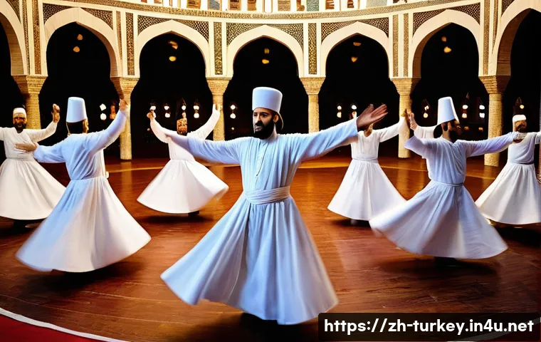 튀르키예 독특한 축제와 문화 - **A serene and spiritual Sema ceremony taking place in a historic, softly lit hall in Konya, Turkey....