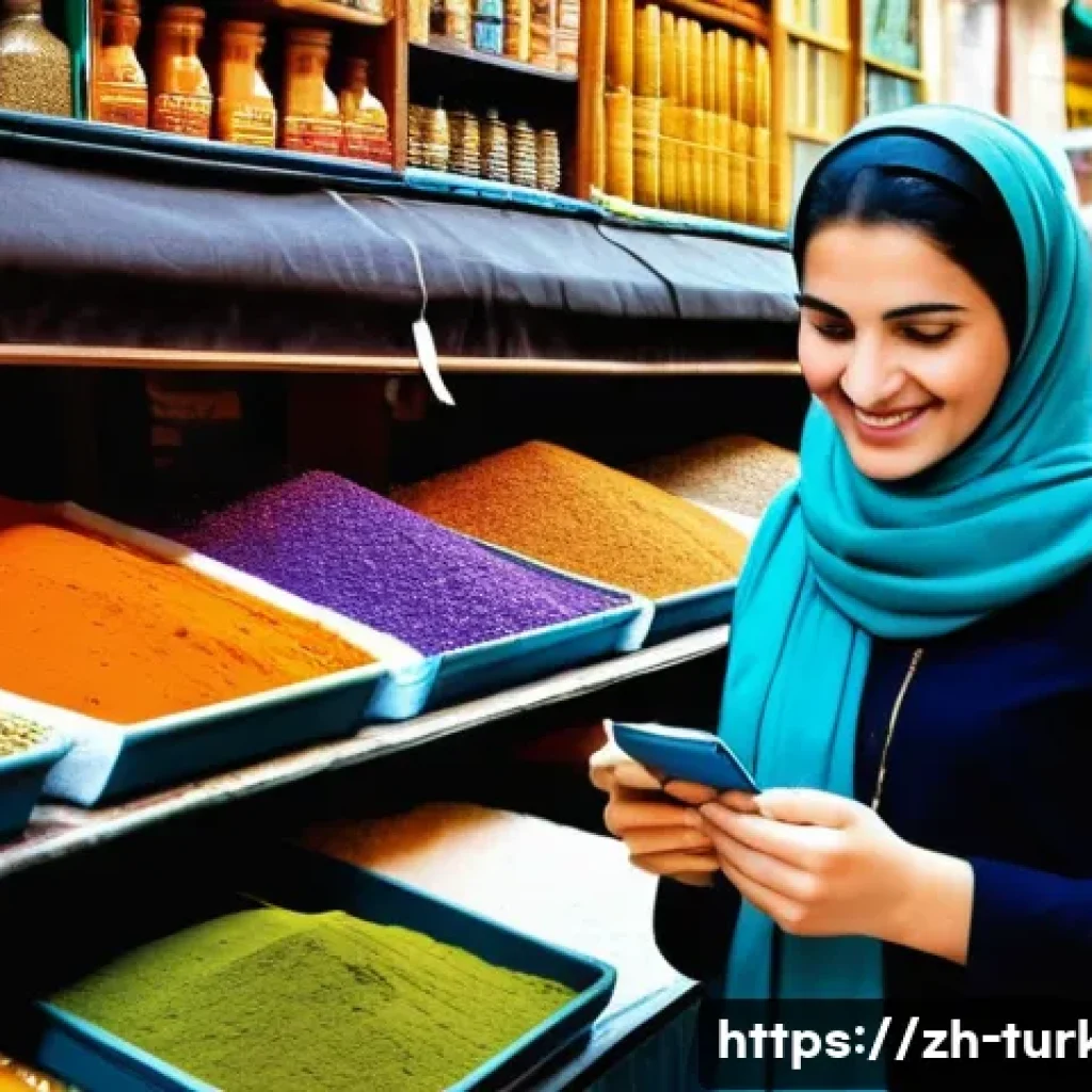 튀르키예 독특한 경제 관련 뉴스 - **Prompt:** A bustling Turkish bazaar scene. A young adult woman with a friendly smile shops for spi...