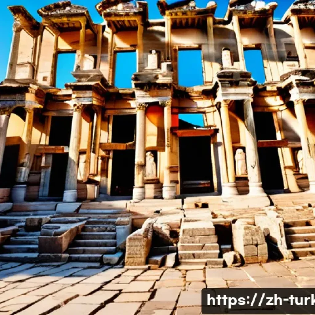 튀르키예의 역사적 건축물 탐방 - **Prompt:** A majestic, wide-angle shot of the ancient city of Ephesus, focusing on the reconstructe...