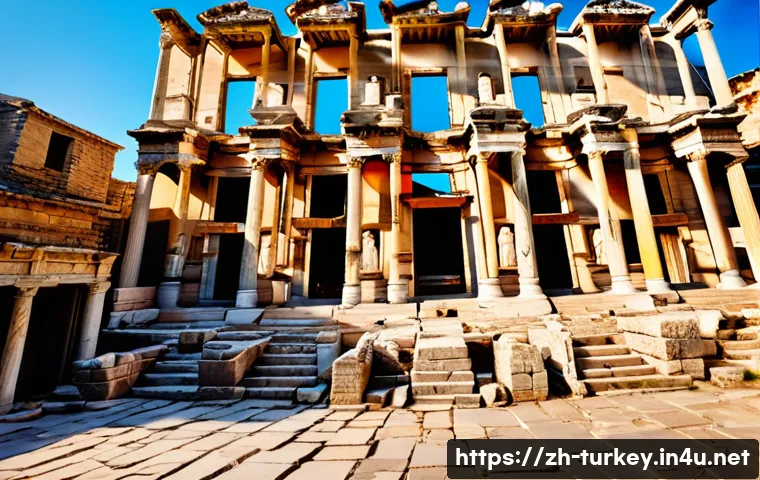 튀르키예의 역사적 건축물 탐방 - **Prompt:** A majestic, wide-angle shot of the ancient city of Ephesus, focusing on the reconstructe...