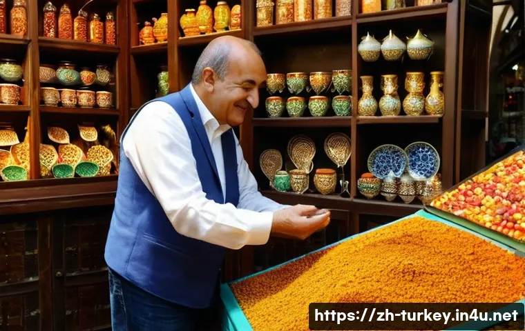 튀르키예 전통 시장 흥정 요령 - **Prompt:** A bustling traditional Turkish bazaar scene with warm, inviting lighting. A friendly, mi...