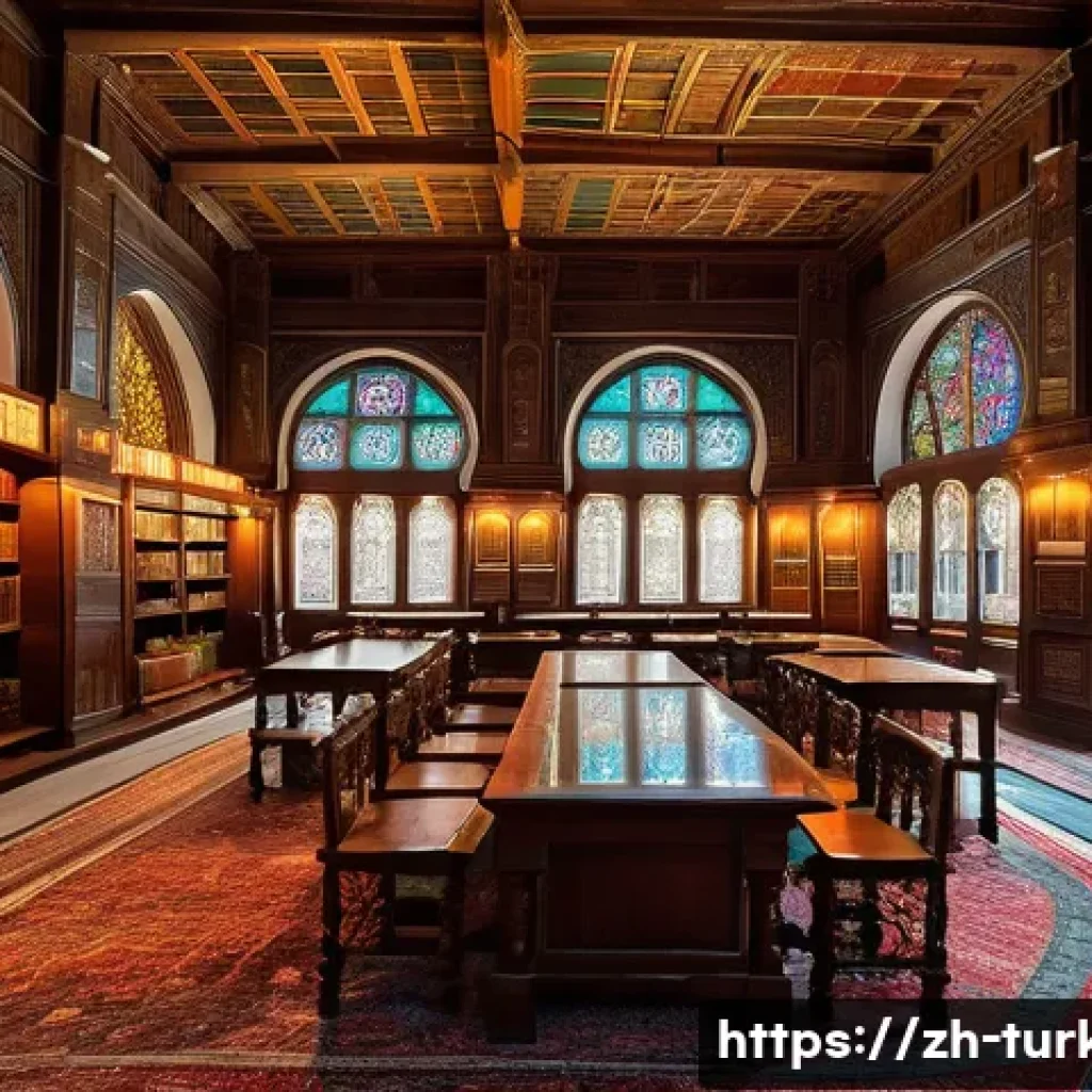 튀르키예 내 가장 오래된 도서관 - A grand historical Turkish library interior, featuring towering arched doorways and intricately carv...