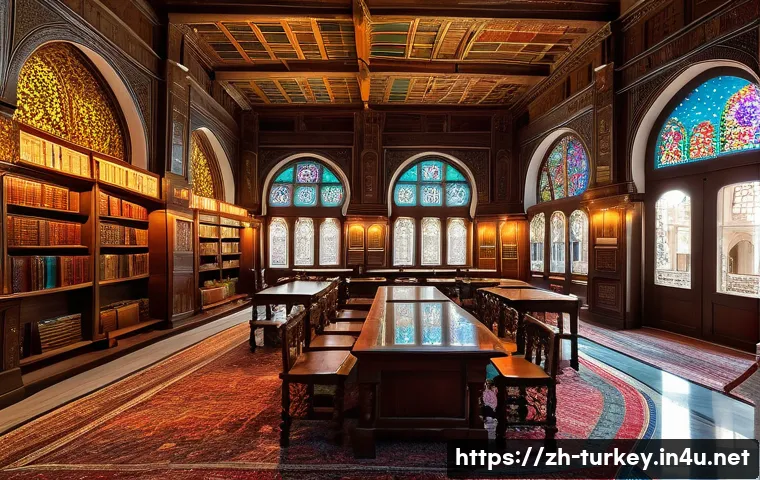 튀르키예 내 가장 오래된 도서관 - A grand historical Turkish library interior, featuring towering arched doorways and intricately carv...