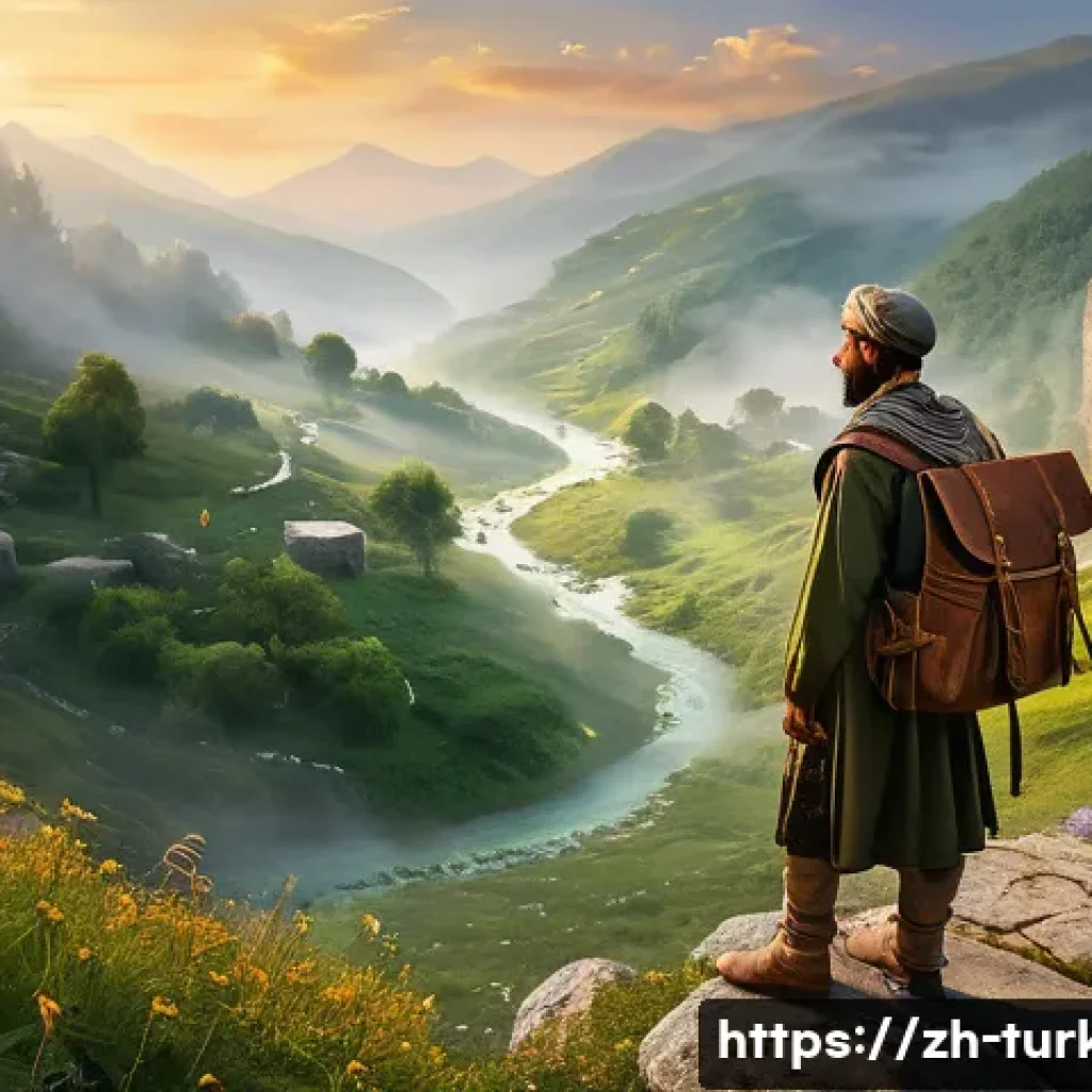 튀르키예 유명 동화와 전설 - A mystical Turkish mountain valley at dawn, bathed in soft golden light, featuring glowing ethereal ...