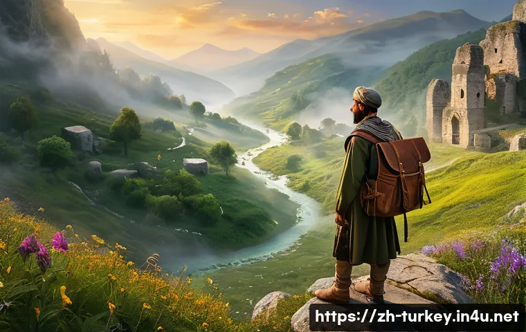 튀르키예 유명 동화와 전설 - A mystical Turkish mountain valley at dawn, bathed in soft golden light, featuring glowing ethereal ...