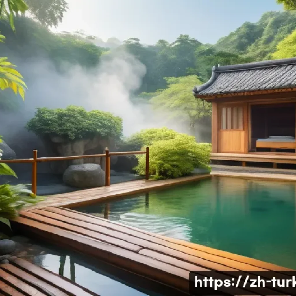 튀르키예의 유명한 온천 지역 - A serene hot spring resort scene featuring a traditional wooden cabin surrounded by lush greenery an...