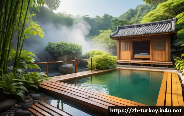 튀르키예의 유명한 온천 지역 - A serene hot spring resort scene featuring a traditional wooden cabin surrounded by lush greenery an...
