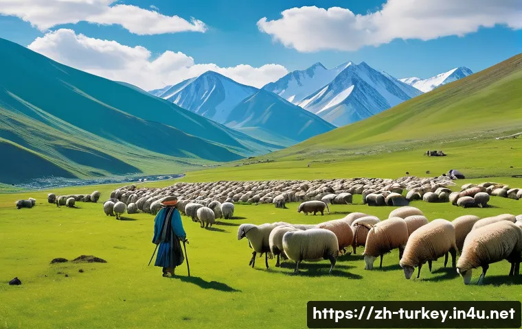 튀르키예 유목민 생활 방식 - A vibrant scene depicting nomadic herders during the spring-summer transition, carefully selecting a...
