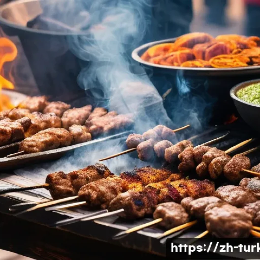 튀르키예의 독특한 음식 문화 - A vibrant street scene in Istanbul featuring a skilled kebab chef grilling succulent Adana kebabs an...