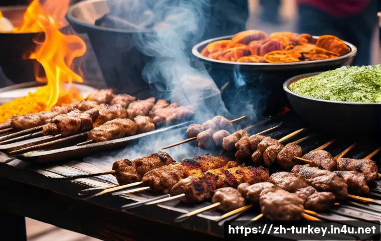 튀르키예의 독특한 음식 문화 - A vibrant street scene in Istanbul featuring a skilled kebab chef grilling succulent Adana kebabs an...