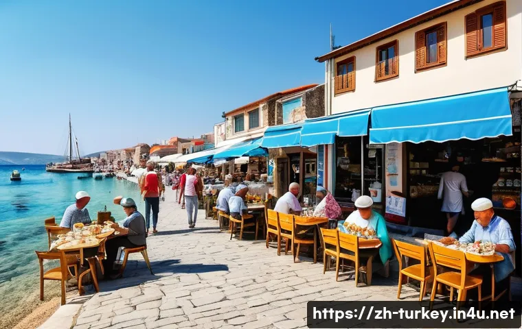 튀르키예 에게해 해변 여행지 - A vibrant coastal town scene in &Ccedil;eşme during a sunny morning, featuring a lively local market with s...