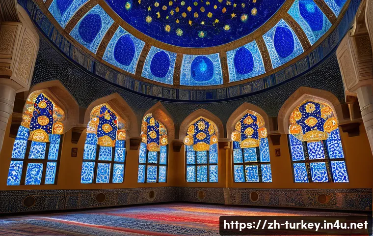 튀르키예 독특한 건축 스타일 - A grand Ottoman mosque interior featuring a magnificent dome with intricate Iznik blue ceramic tile ...
