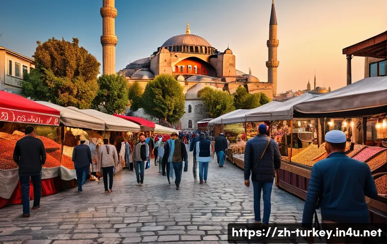 튀르키예에서의 인기 여행 프로그램 - A vibrant scene of Istanbul&rsquo;s historic old city at sunset, featuring the majestic Hagia Sophia and t...