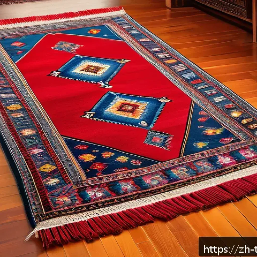 튀르키예 전통 직조 방식 - A richly detailed traditional Turkish Anatolian carpet displayed on a wooden floor, featuring vibran...