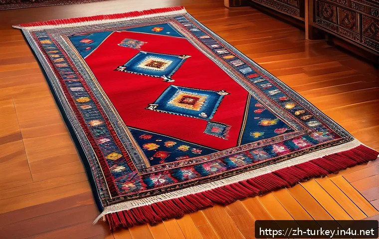 튀르키예 전통 직조 방식 - A richly detailed traditional Turkish Anatolian carpet displayed on a wooden floor, featuring vibran...