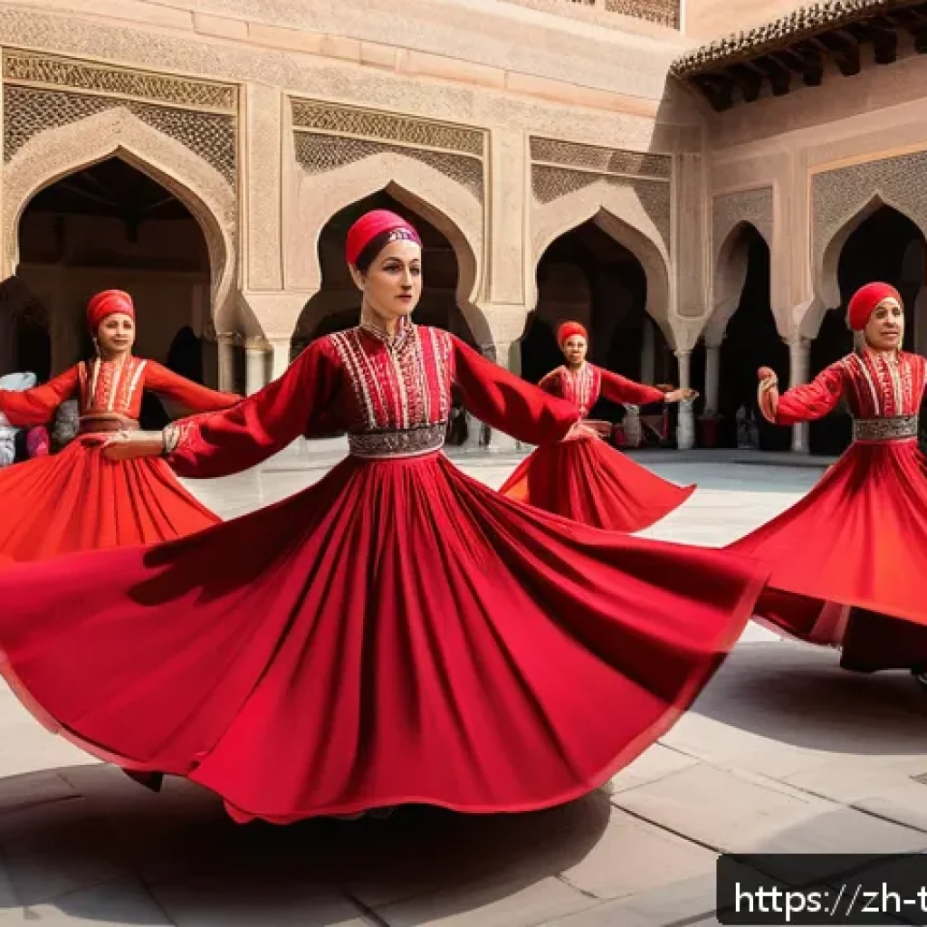 튀르키예의 주요 민속 공연 - A vibrant Turkish traditional dance scene featuring whirling dervishes dressed in flowing long skirt...