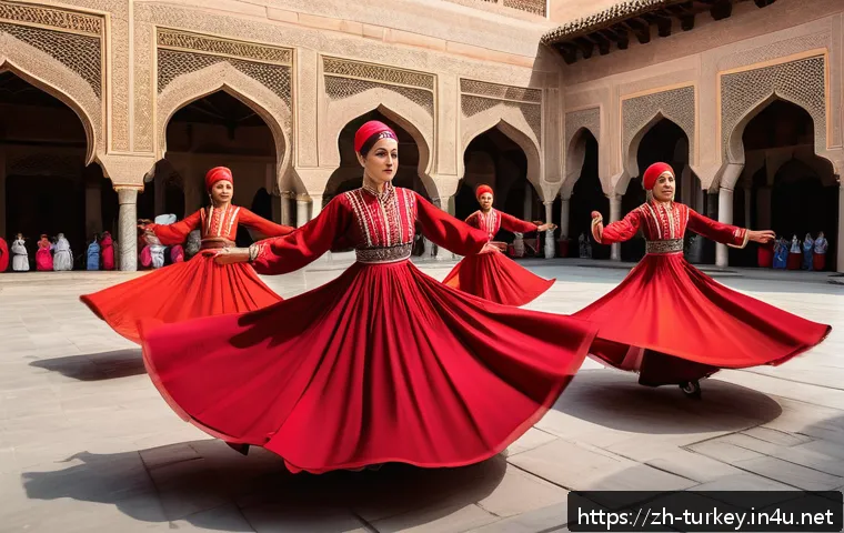튀르키예의 주요 민속 공연 - A vibrant Turkish traditional dance scene featuring whirling dervishes dressed in flowing long skirt...