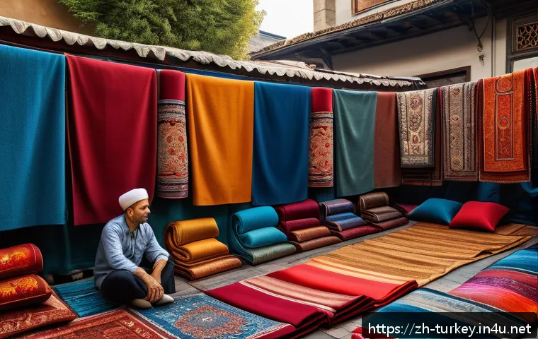 튀르키예의 주요 문화적 사례 - A vibrant Turkish market scene in Istanbul showcasing traditional handmade carpets with intricate ge...