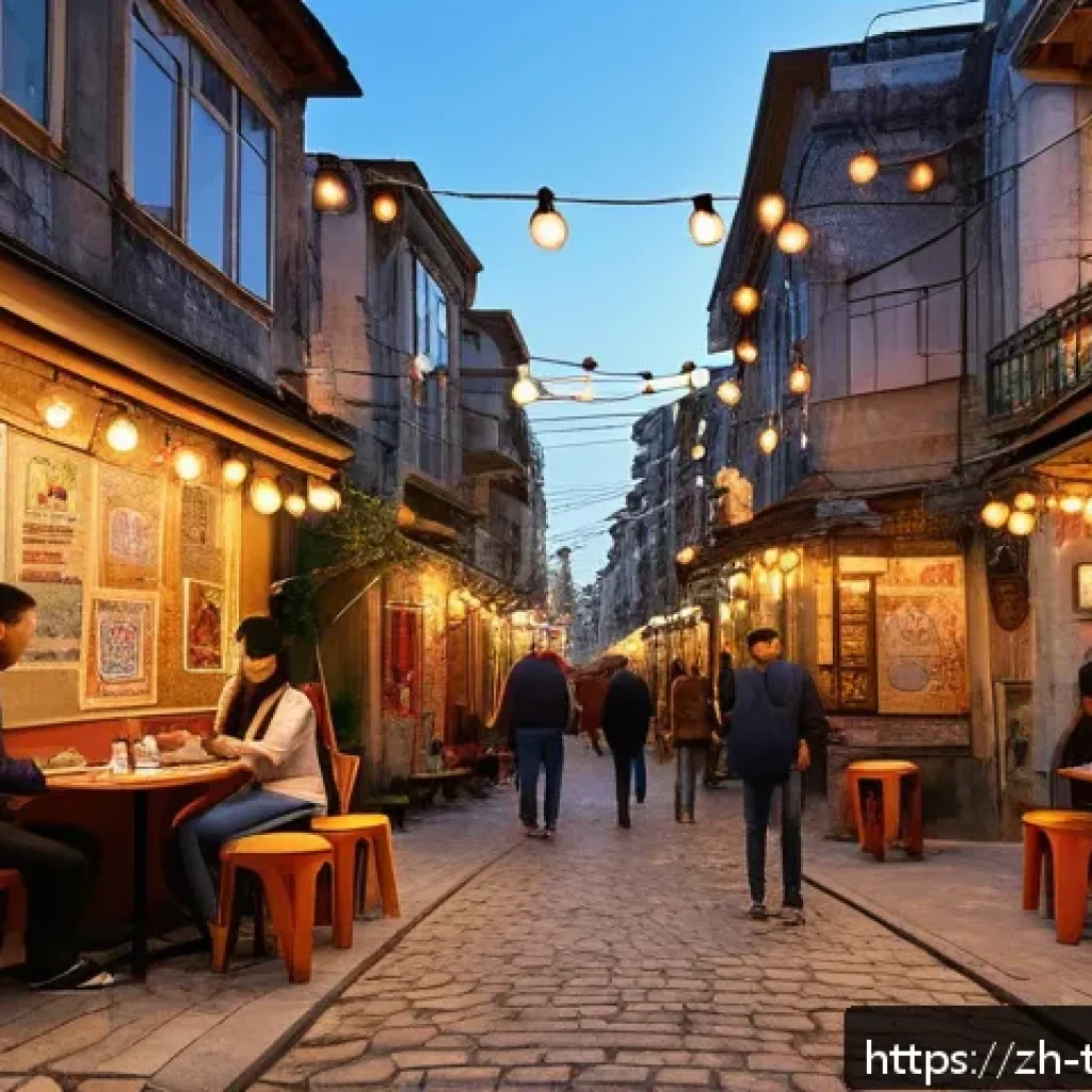 튀르키예 여행 중 현지인 인터뷰 - A vibrant street scene in Istanbul’s Beyoğlu district during early evening, featuring narrow cobbles...
